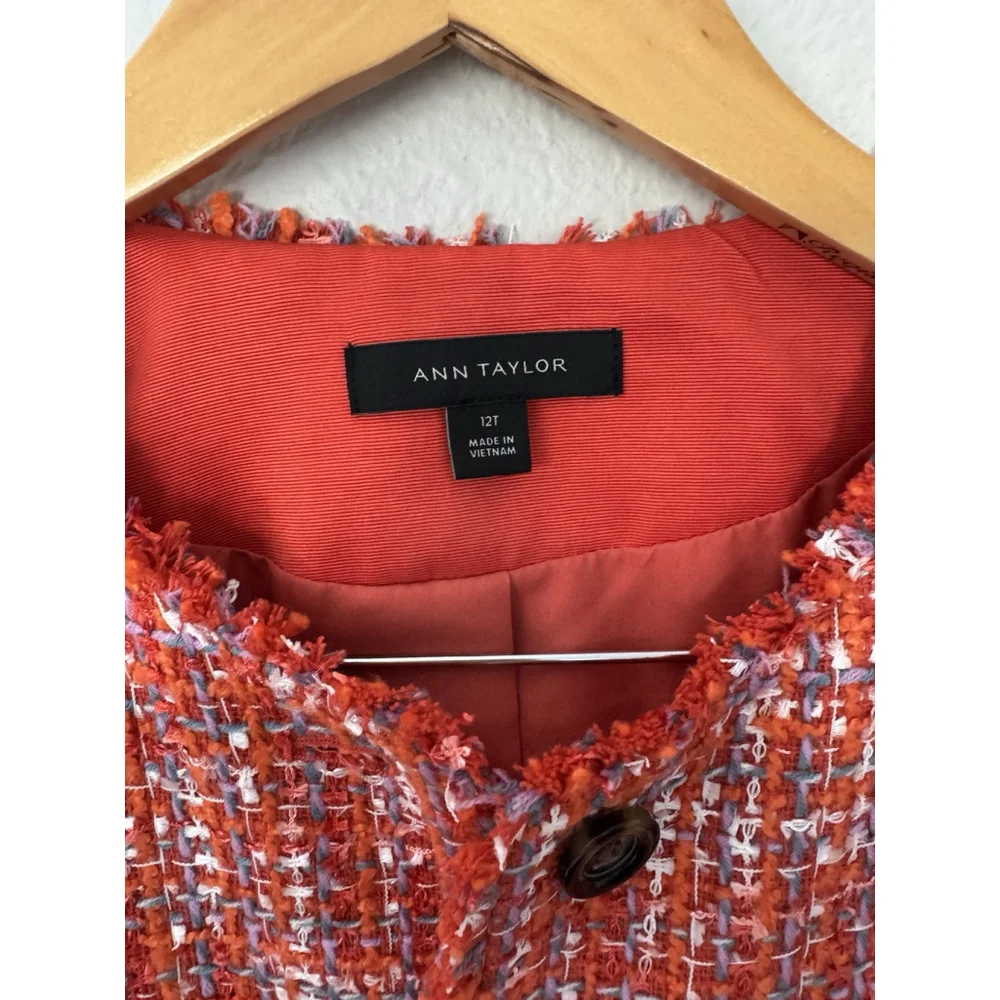 Ann Taylor Tweed Jacket 12Tall Fringe Edge Orange Spark Lined Decorative Buttons - Picture 7 of 11